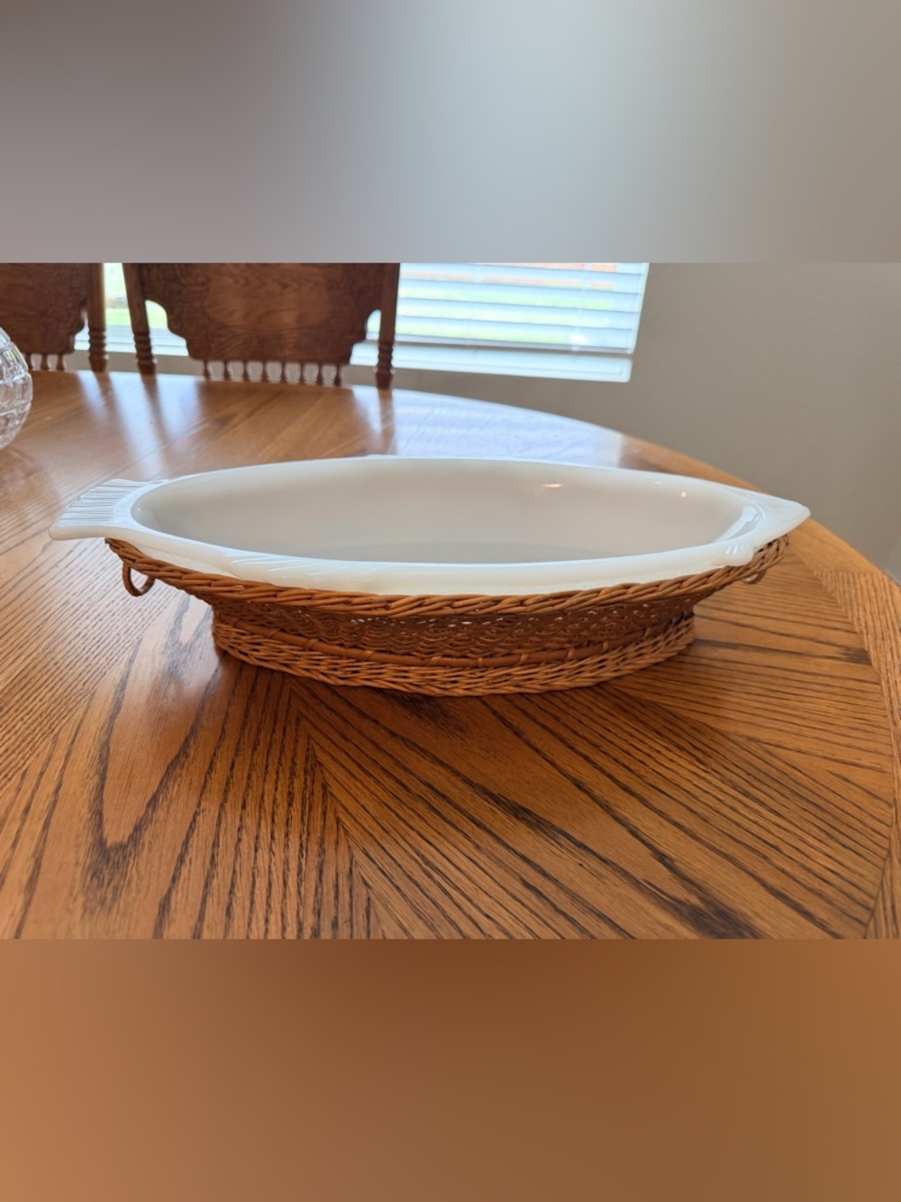 White Ceramic milk glass Fish Dish with Wicker Basket